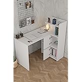 L Desk White Right Direction with Cabinet with Bookcase