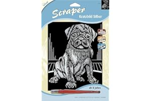 MAMMUT 136055 Kratzbild, Motiv Hund Mops, silber, glänzend, Komplettset mit Kratzmesser und Übungsblatt, Scraper, Scratch, Kritzel, Kratzset für Kinder ab 8 Jahre