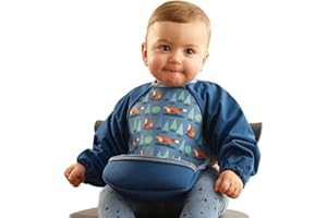 Bibetta Ultrabib - Weaning bib with sleeves - Premium Neoprene for Comfort - Waterproof - Baby bibs with Crumb Catcher Pocket for Feeding Toddler & Babies - Roll Up and Machine Washable (Blue Foxes)