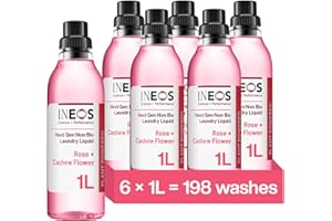 INEOS HYGIENICS INEOS Next-Gen Non Bio Laundry Washing Liquid Detergent, 198 Washes (6 x 1L), Plant Powered, For Sensitive Skin, High Performance Stain Removal, Rose + Cashew Flower