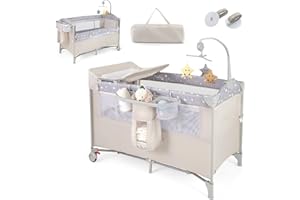 RELAX4LIFE 5 in 1 Lettino da Campeggio per Bambini, Culla Neonato con Fasciatoio e Cingia Fissagio, Carillon e 3 Giocattoli Appesi, Adatto a Bambini da 0-36 Mesi (Grigio Chiaro)