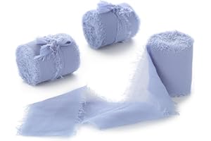 FREEASY Dusty Blue Chiffon Ribbon 3 Rolls 1.5 inch X 5 Yard Handmade Fringe Silk Chiffon Ribbon Set for Gift Wrapping, Wedding Invitations, Bridal Flower Bouquets, DIY Crafts