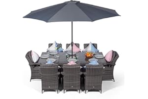 GIARDINO Arizona Large Rattan Dining Set | Luxury Rectangular 8 Seater Grey Rattan Table & Chairs Set with Ice Bucket Drinks Cooler | Outdoor Poly Rattan Garden Dining Furniture Set with Parasol & Cover