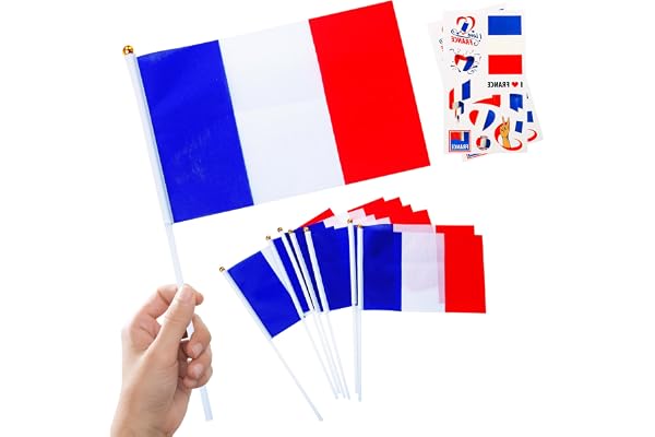 10 Petits Drapeaux France sur Tige & 2 Tatouages, Mini Pavillon Français Main avec Bâton pour Coupe du Monde Football 2026 14 Juillet Fête Nationale Décoration Fête Déco Défilé Sport