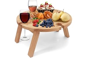 Buwico Klappbarer Picknicktisch aus Holz, Faltbarer Picknicktisch, mit Rotweinglashalter, Outdoor Weintisch Picknicktisch Klappbar Kleiner Strandtisch für Garten Reisen Camping Picknick Strand