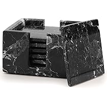 Radicaln Zwarte Marmeren Onderzetters Set van 6 Handgemaakte Vierkante Onderzetters van 8,9 cm voor Drankjes, Onderzetters Set met Houder, Elegante Tafeldecoratie