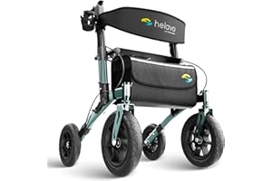 Helavo deambulatore per anziani 4 ruote pieghevole con seduta – Rollator da esterno con ruote pneumatiche 12"/10", altezza regolabile, sedile comodo, leggero, ammortizzato – 136 kg max