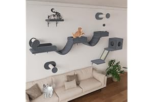 BYBYME Kletterwand Katzen Mit Langer BrüCke, Katzenregale Mit KratzbäUmen Und Katzenhaus, 5PCS Platzsparendes KlettermöBel FüR Erwachsene Katzen Und KäTzchen (Dunkelgrau)