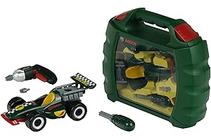 Theo Klein 8375 Walizka Bosch Grand Prix | W zestawie wkrętarka na baterie Ixolino | Samochód wyścigowy 10 el. do skręcania | Zabawki dla dzieci od 3. roku życia