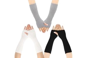 OAAO 3 pairs of fashionable warm fingerless gloves, women's knitted warm glove sleeves, fingerless sleeve glove arm sleeves, black, white, light gray long arm warmers for men and women