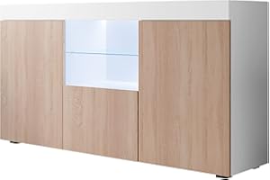 MB Muebles Bonitos | Aparador Salón Comedor Moderno Natolia | Ancho 150cm x Alto 83 cm x Profundo 40 cm | Mueble de Melamina Mate con luz LED | Color Blanco y Sonoma