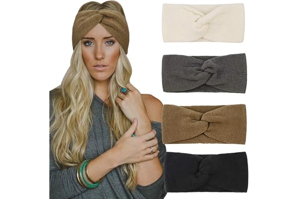 DRESHOW 4 Pièces Nœud Bandeau Hiver Elastique à Couleur Pure Laine Tricotée,Taille unique,4 Color Pack Set 4-84