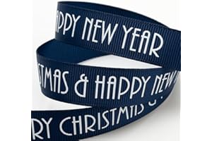 Italian Options Navy Merry Christmas Happy New Year Grosgrain Ribbon, Christmas Ribbon for Crafts, Gift Wrapping, Wreaths, Tree Decorations, Hair Bows, Navy, 16 mm x 5 Metre Roll