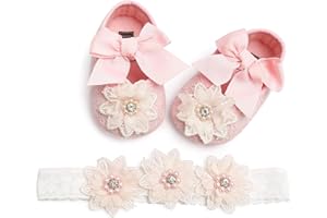 TMEOG Zapatos de Niña con Diadema Regalo Set Bautizo Flor Suave Suela Zapatillas Antideslizantes Zapatos de Princesa