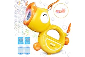 Fegalop Bubble Machine Gum with Lights and Music for Kids,Portable 360°Leak-Proof Automatic Bubble Blower with Bubble Solution for Indoor, Outdoor, Wedding, Parties (Yellow)