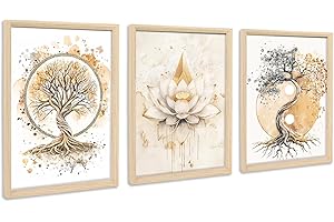 HALFLEMART 3Pcs Cadre en bois Impression sur Toile Arbre de vie Yin Yang Tableau Peinture Bouddhisme Zen Fleur de Lotus Beige Tableau Decoration Murale Salon Chambre Maison 30x40cm x3pcs (Pas de plexiglas)