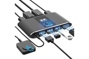 BDFFLY 8K @ 60Hz Displayport KVM Switch, DP 1.4 KVM Switch 2 PC 1 Monitor, 4K @ 240Hz, 3 Port USB 3.0 Switch,USB Switches for Keyboard, Mouse, Hard Drive, Printer