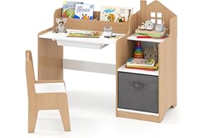 Maxmass Kids Desk and Chair Set, Wooden Children Study Table with Drawer, Open Shelves, Fabric Storage Bin, Toddler Writing Table Student Workstation for 3+ Years Old Boys Girls (Natural)