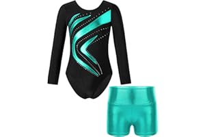 JanJean Kinder Mädchen Gymnastikanzug Glänzend Ballettanzug Langarm Turnanzug Ballett Trikot mit Kurze Hose Wettbewerb Tanzkostüm