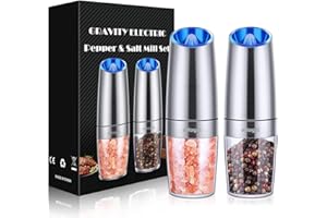 SDLOGAL Gravity Electric Salt and Pepper Grinder Set,Battery Salt Pepper Grinder,Automatic Salt and Pepper Mills with Blue Light,Adjustable Coarseness,One Handed Operation,Cleaning Brush(Silver, 2pcs/Pack)