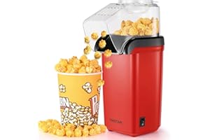 Tiastar Popcornmaschine, 1200W Heißluft Popcorn Maker, Elektrische Popcorn Maschinen,2 Minuten Schnell One-Touch-Bedienung, Gesund ohne Fett & Öl, Kinder Filmabende Parties-Rot