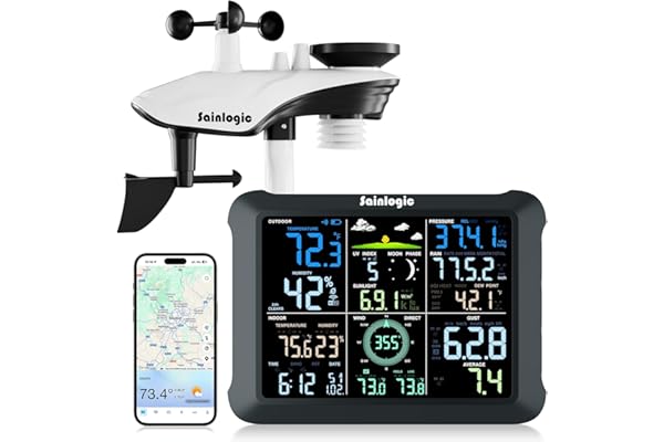 Sainlogic Estación Meteorológica WiFi SA9 con Pronóstico del Tiempo de 24/7 por Weatherseed® AI, Pantalla Grande de 8,5", UV, Pluviómetro, Anemómetro, Almacenamiento de Datos de 2 Años (Solo 2,4 GHz)
