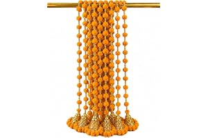 Pom Pom hängande strängar med gyllene pärlor och klockor – 152 cm extra lång diwali-dekoration, hängande ring i plast, mandir
