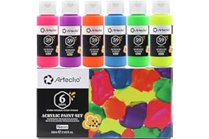 Artecho Peinture Acrylique Fluorescente 6×59 ml Néon Peinture, pour Papier, Roche, Bois, céramique, Tissu.