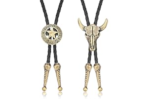 Finrezio 2 Pezzi Bolo Cravatta in Pelle Intrecciata Collana Ciondolo Vintage Testa di Toro Cowboy Occidentale Regali per Uomo