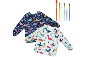 Raveparty 2 Pcs Kids Painting Apron, Art Apron Kids Aprons for Painting with 3 Pockets 6 Pcs Paintbrush for Painting Cooking Crafts Clay