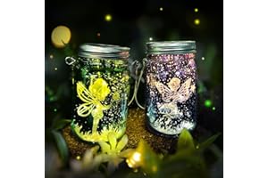 BOMKRA Schmetterlingsfee Solarglas,2 Stück Solar Laterne für Garten, Hängend/Stehend Solarlampen für Außen,Wasserdicht Solar Einmachglas Lichter für Drauße Party balkon deko