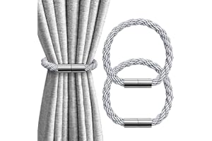 IAGORYUE Magnetic Curtain Tie Backs Set, Strong Magnet Curtains Clips Tiebacks with Weave Decorative Rope Drapery Holdback, Window Drape Buckle Holder for Thin or Thick Home Office, Pack of 2 (Silver)
