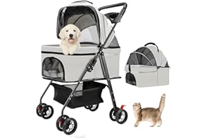 AODI Cochecito para Mascotas para Perros Pequeños y Gatos con 4 Ruedas, Cochecito Plegable para Perros con Transportín Desmontable, Parasoles, Cesta Portaobjetos y Portavasos, Hasta 15 kg