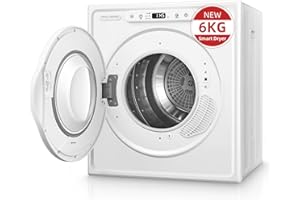 6KG Vented Tumble Dryer, FOHERE 1500W Compact Smart Tumble Dryer, Stop Immediately when Clothes are Dry, LCD Display, with Child Lock, Crease Guard, for Apartment, Home, Dorm, RVs, White