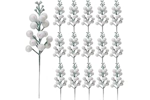 KKSTY Pack of 16 Christmas Glitter Berry Stem, Artificial Berry Picks Holly Berries Branches for Christmas Tree Decoration Wreath Making Supplies DIY Crafts Holiday Season Winter Home Decor (Glitter White)