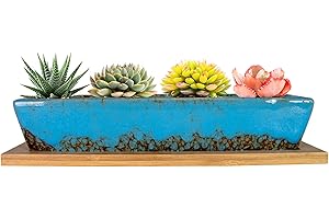 ARTKETTY Ceramiczne doniczki na sukulenty, nowoczesne długie prostokątne pojemniki na rośliny z tacą, płytkie kaktusy bonsai skrzynka okienna z drenażem, do dekoracji wnętrz i na zewnątrz, niebieskie