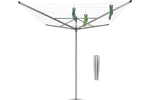 Brabantia - Séchoir Lift-O-Matic - Etendoir Linge Extérieur - Antidérapantes - Résistantes Aux UV, 60m - Rotation Fluide - Pratique - Douille en Métal Ã€ Planter dans Le Sol - Gris Métallique - 295cm