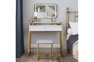 Mondeer Toaletka z lustrem i taboretem, zestaw toaletki z 3 diodami LED o regulowanej jasności, 2 duże szuflady do przechowywania i metalowa rama, do sypialni, biały i złoty