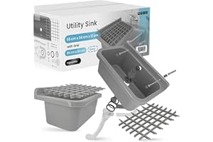 INSTALGURU Évier Commercial a Chambre Industriel 55 x 34 x 21 cm Gris avec Grille 36 x 30 cm Profond Extérieur Lave-Mains Jardin Garage Buanderie Salle de Bains Usine Monochambre