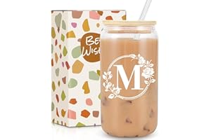 FRERDUI Gifts for Women, Birthday Gifts for Women, Personalised Monogrammed Gift, 16oz Initial Glass Cup with Lids Straws, Personalised Custom Cute Glass Cup for Mom, Teachers, Friends, Initial M