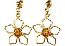 MJ Baltica orecchini Argento placcato Oro 14k e Ambra Naturale artigianale, fiore, leggero, luminoso, BZK047