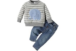 LUVCES Conjunto de Otoño para Bebé Niño Pequeño Manga Larga Bordado de Elefante a Rayas Sudadera Top y Pantalón Vaqueros 2 Piezas Primavera Ropa de Trajes