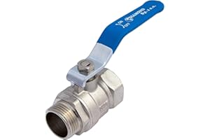 HYDROBIL Water Pipe Ball Valve Connector, 1/2" BSP Female to Male - Nickeled Brass, Max. Temp. 120°C, Max. Pressure 30 Bar, Blue Stainless Steel Lever, PTFE Sealed Ball, Durable and Long Lasting