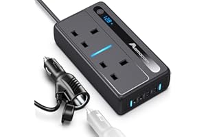 AMACAM 300W Continuous Inverter – 230V 12V/24V Input with 2 UK Sockets 4 USB & Built-in 12V DC in Plug – 7-Ports for Cars Vans Campervans – Powers Laptops & Small Appliances