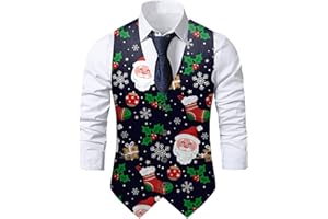 YINGZI Men's Fun Waistcoat Christmas Festive UK Sale 3d Happy Santa Claus Xmas Suit Vests Men's Christmas Vest Suit Tie Holiday Business Bow Tie Dress Waistcoat V-Neck Party Snowflake Xmas Costumes