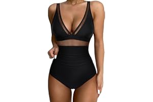 DOULAFASS Sexy Mesh Swimming Costume Women Tummy Control Swimsuit V Neck Padded One Piece Swimwear