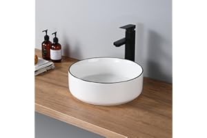 DILECI - Vasque à Poser Ronde en Céramique avec Liseré Noir - Lavabo Design Épuré et Élégant pour Salle de Bain - Style Contemporain et Durable - Finition Luxe et Intemporelle - facile à entretenir