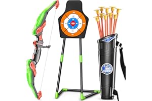 TEMI Bogen und Pfeil Set für Kinder mit LED-Leuchten, Bogenschießen Set mit 10Saugnapfpfeilen, Köcher & Stehziel, Outdoor Spielzeug für Kinder Jungen und Mädchen Alter 3-12 Jahre Alt