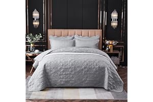 OKYUK 3-Piece Queen Quilt Set Quilted Bedspread Oversized Microfiber Lightweight Coverlet Set with Shams Reversible Printed Coverlet Bedding Set for All Season,220x240cm (Light Grey, 220 * 240cm)