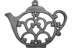 Sungmor Salvamanteles de hierro fundido resistente, salvamanteles decorativos negros inoxidables para cocina o mesa de comedor, 7.9 x 6 pulgadas con bonito patrón de tetera vintage